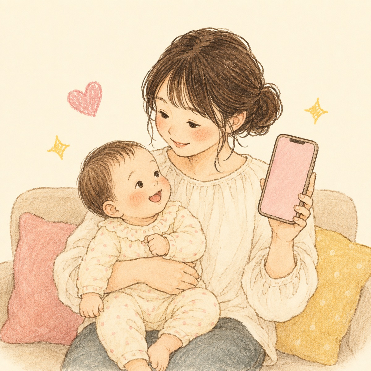 赤ちゃんを抱っこしながらスマホのウィジェットを眺めるおかあさんのイラスト